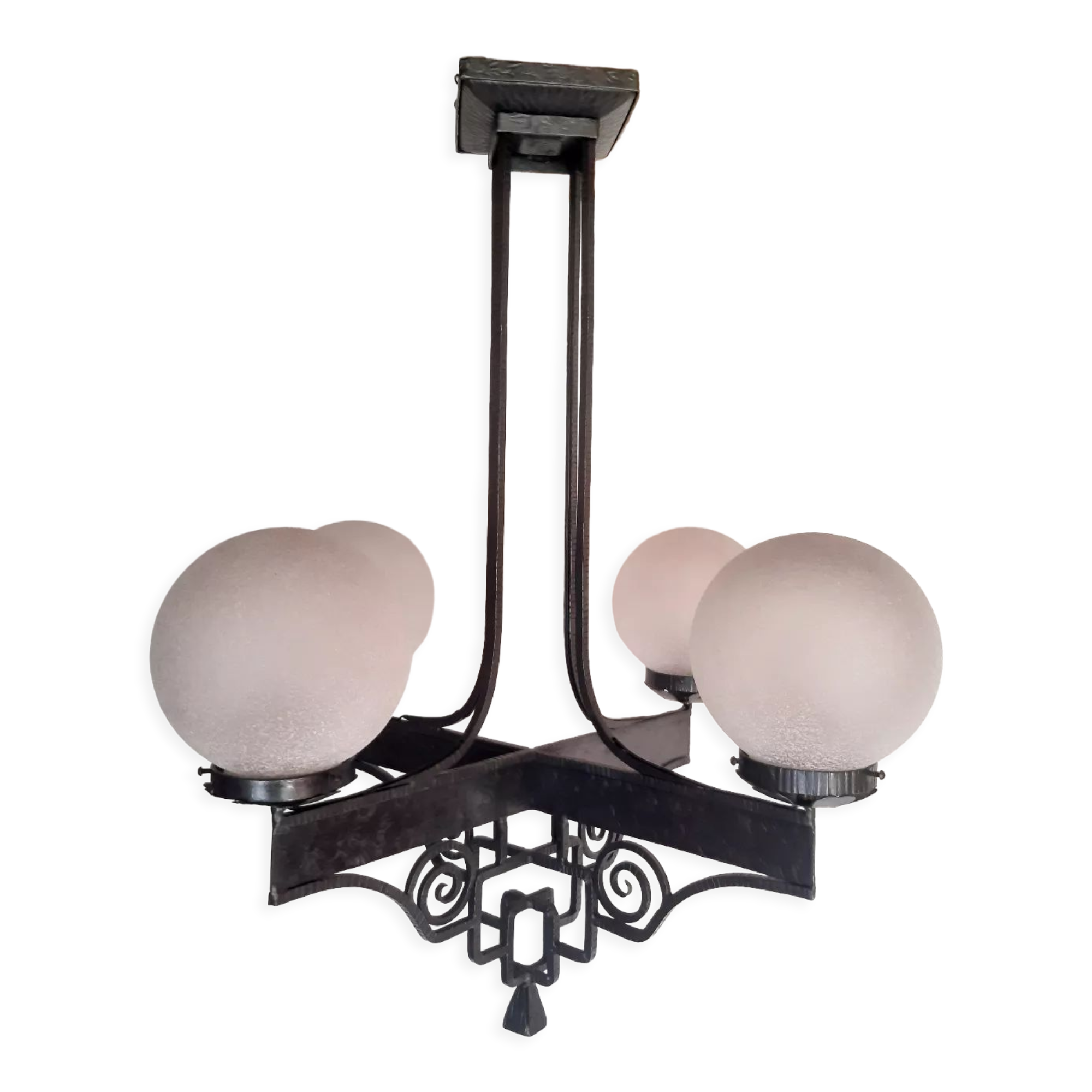 Chandelier 1930 art deco wrought iron and balls glass granite