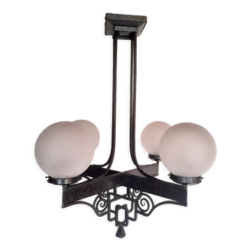 Chandelier 1930 art deco wrought iron and balls glass granite