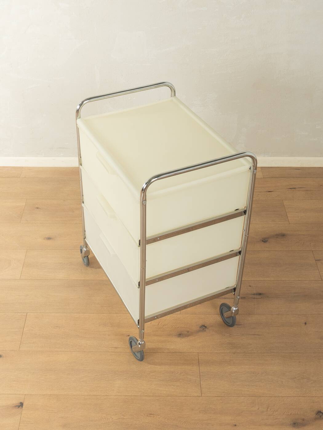 Functional rolling container with chrome frame and transparent drawers, 1980s
