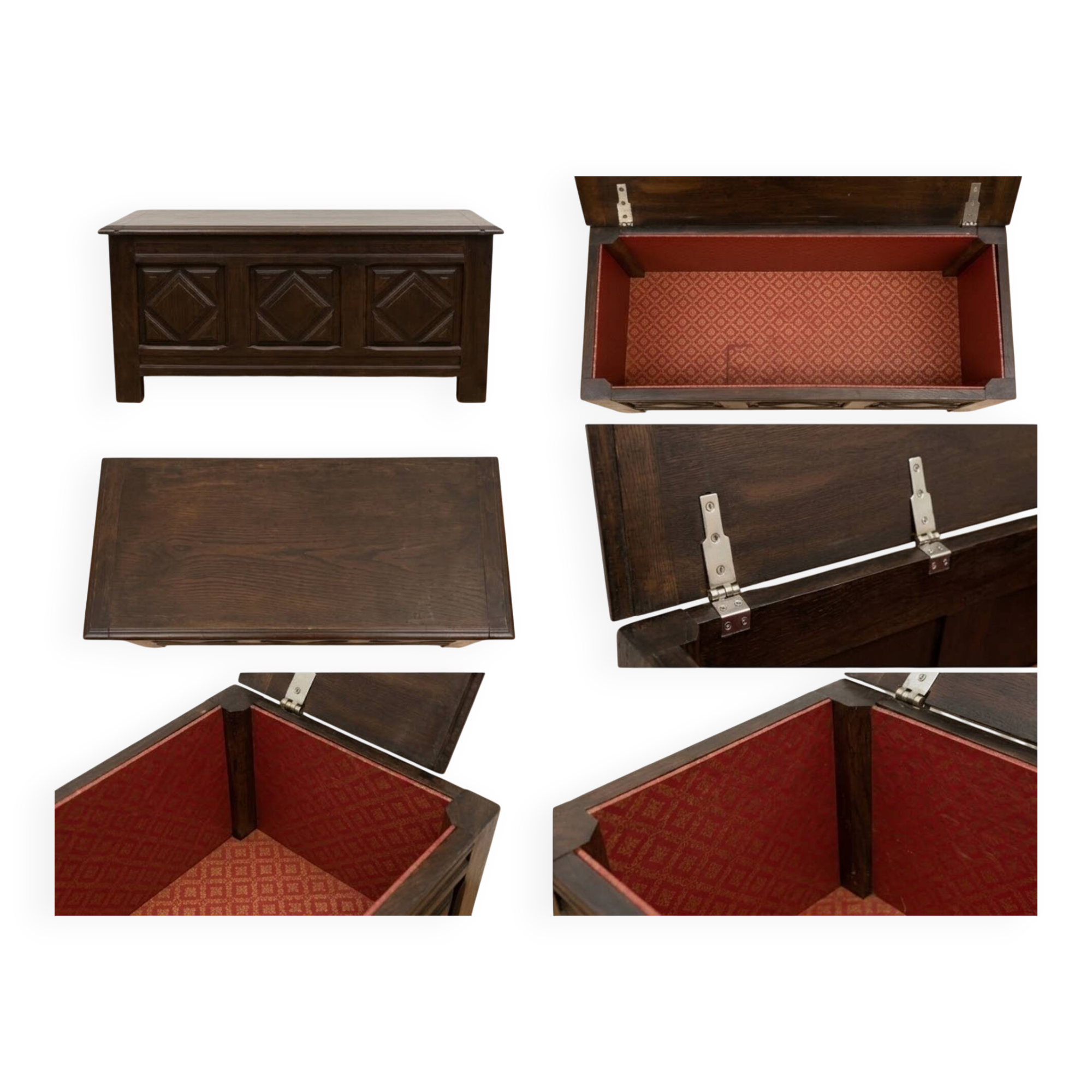 Antique dark wood chest with geometric paneling / pointed detail
