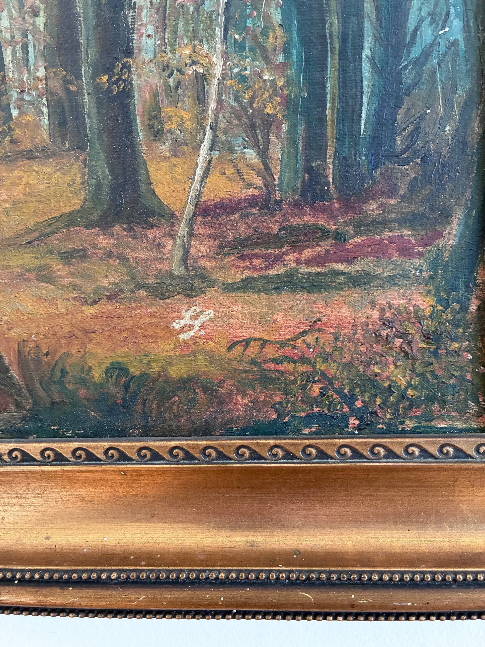 Antique original forest landscape oil painting c. 1910