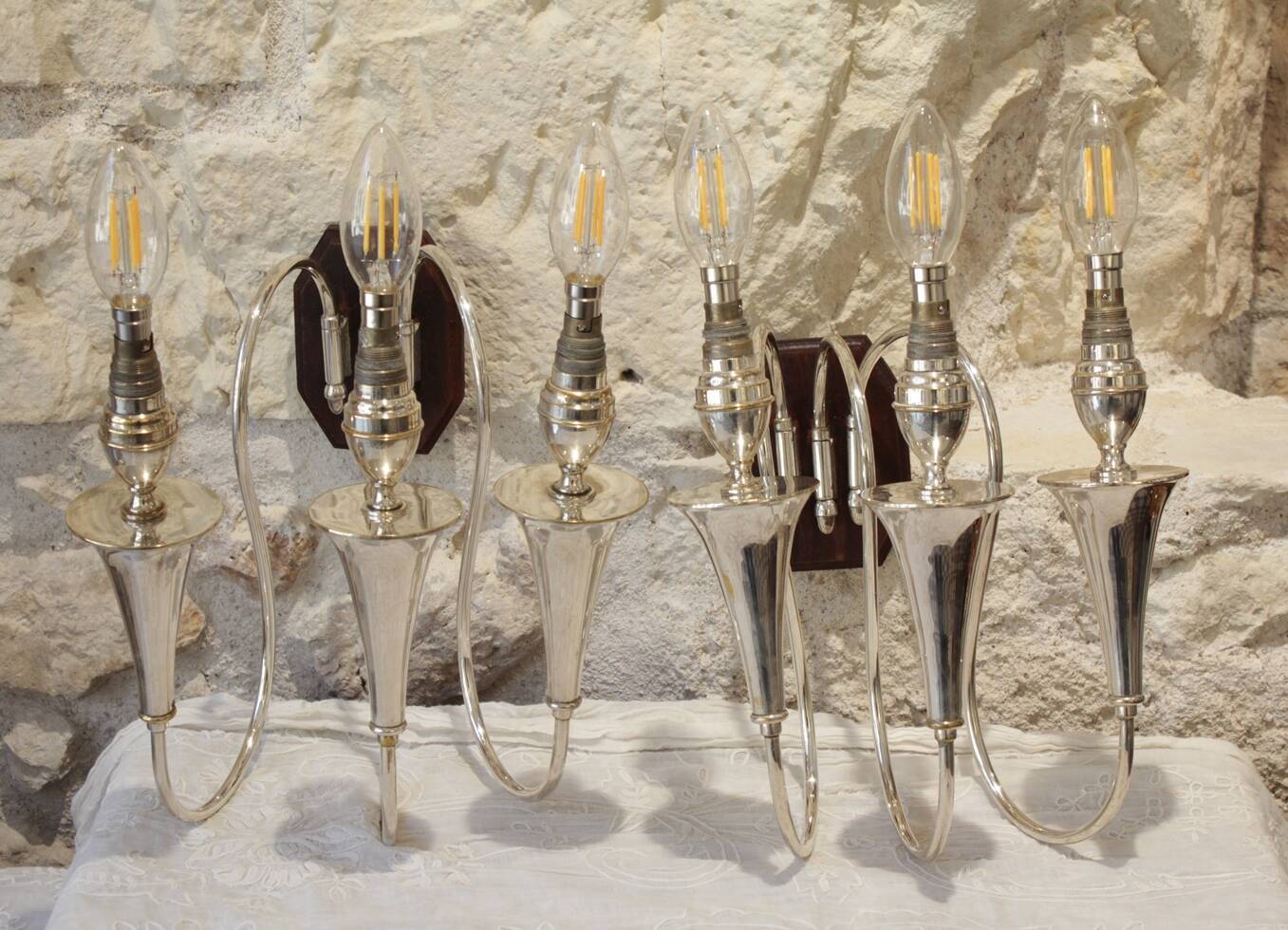 Pair of 3-arm wall lights in silver metal, 1940-1950