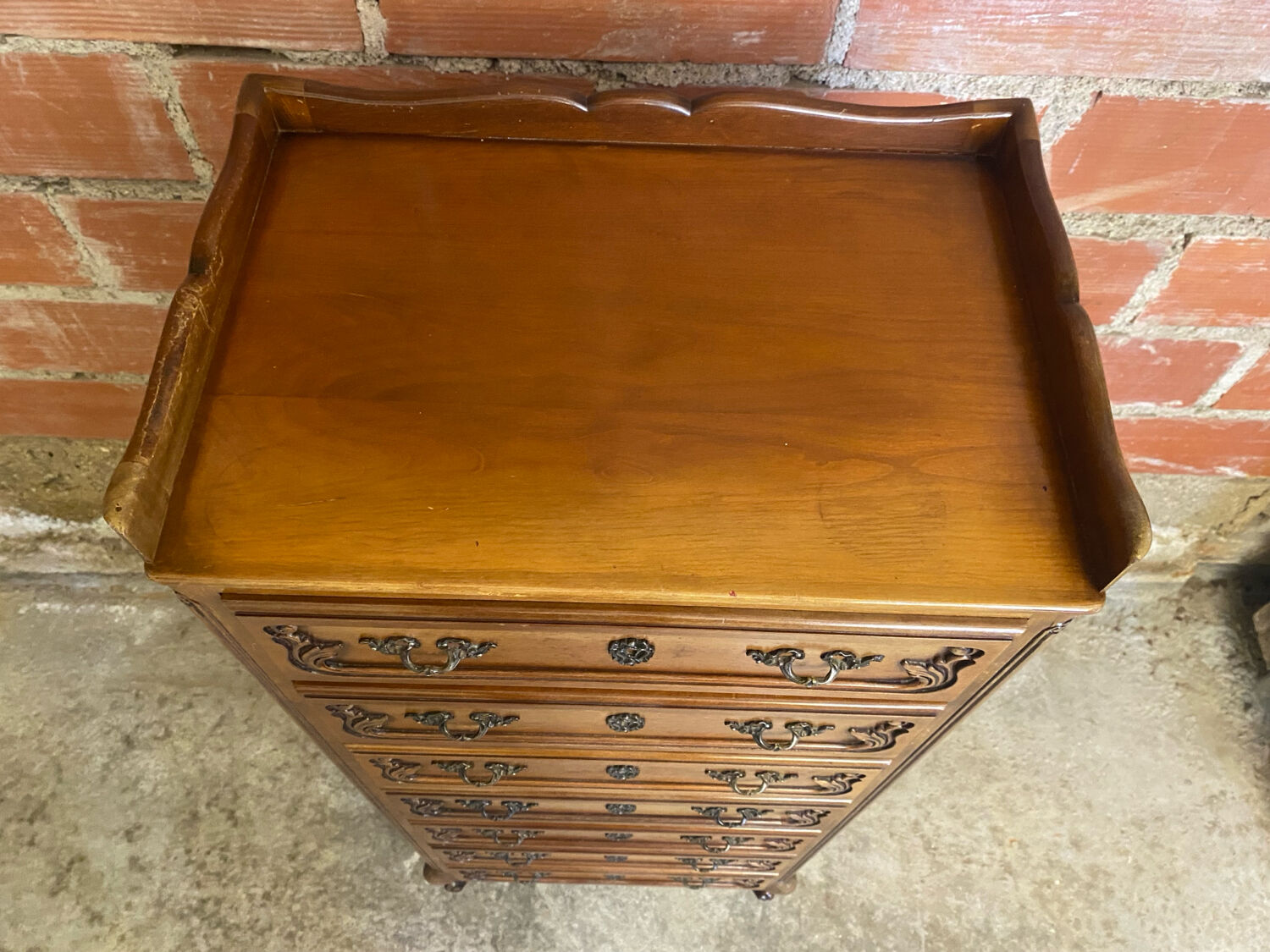 Antique louis xv style weekly chest wood 7 drawers & vintage metal handles