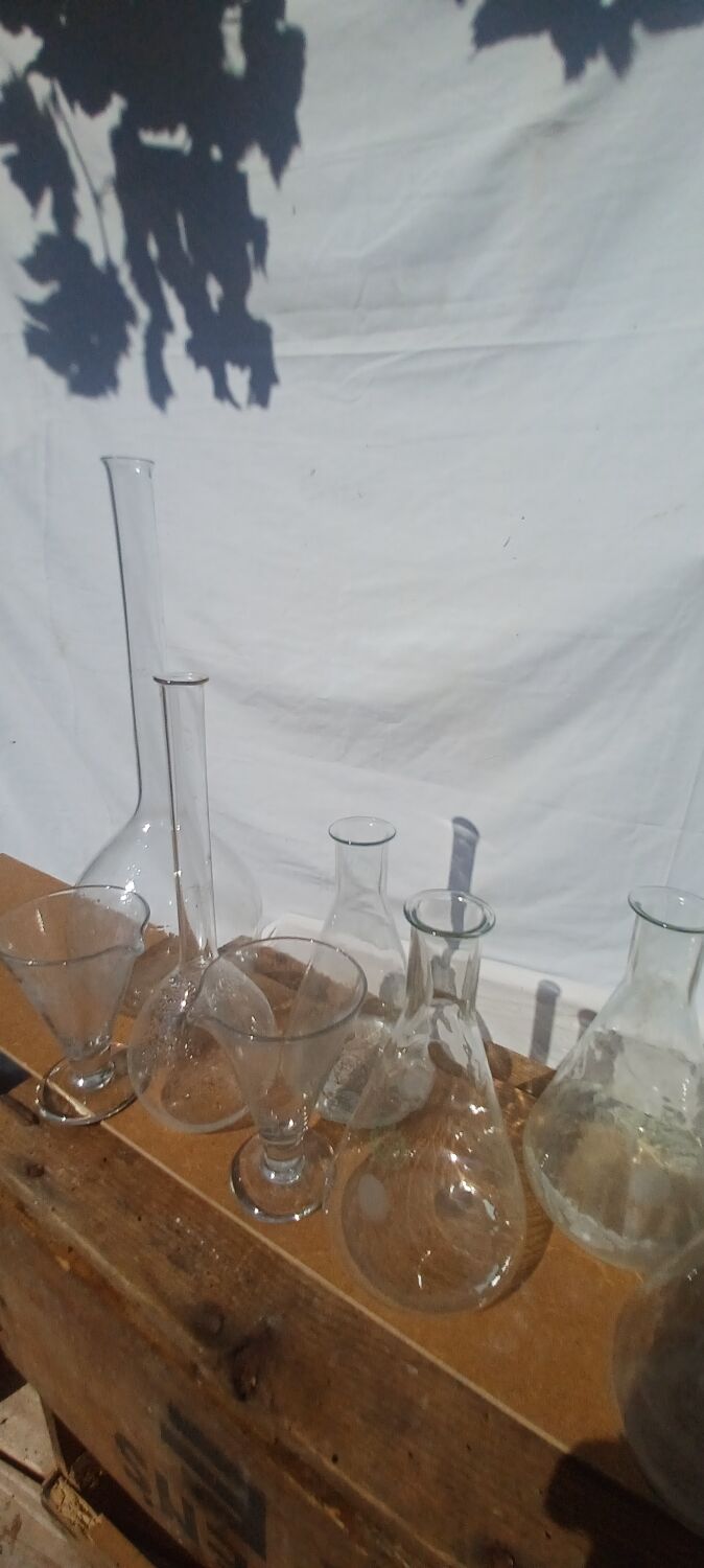Lot of old soliflore vases chemistry laboratory equipment