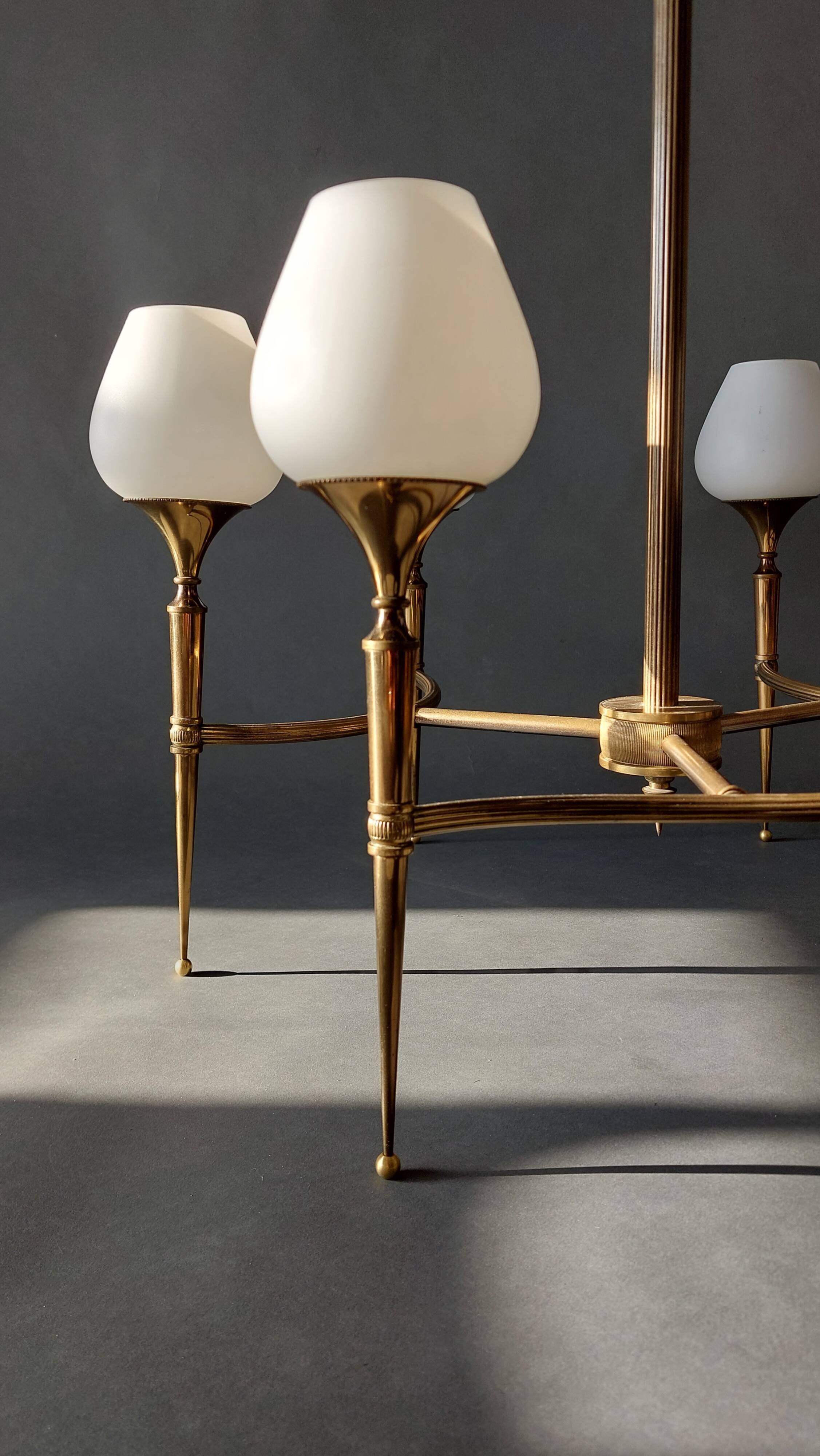 Chandelier in gilded brass and white opalines with 6 lights 1960.