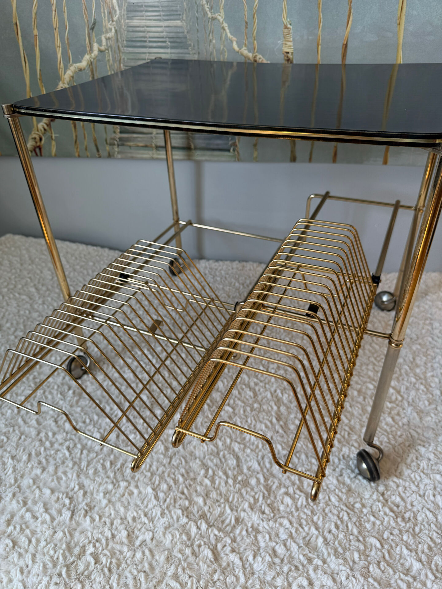 Desserte à roulettes,range disques, vinyles en Formica et laiton doré