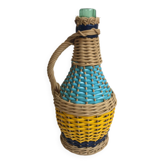 Scoubidou and wicker bottle with yellow and blue handle 70s