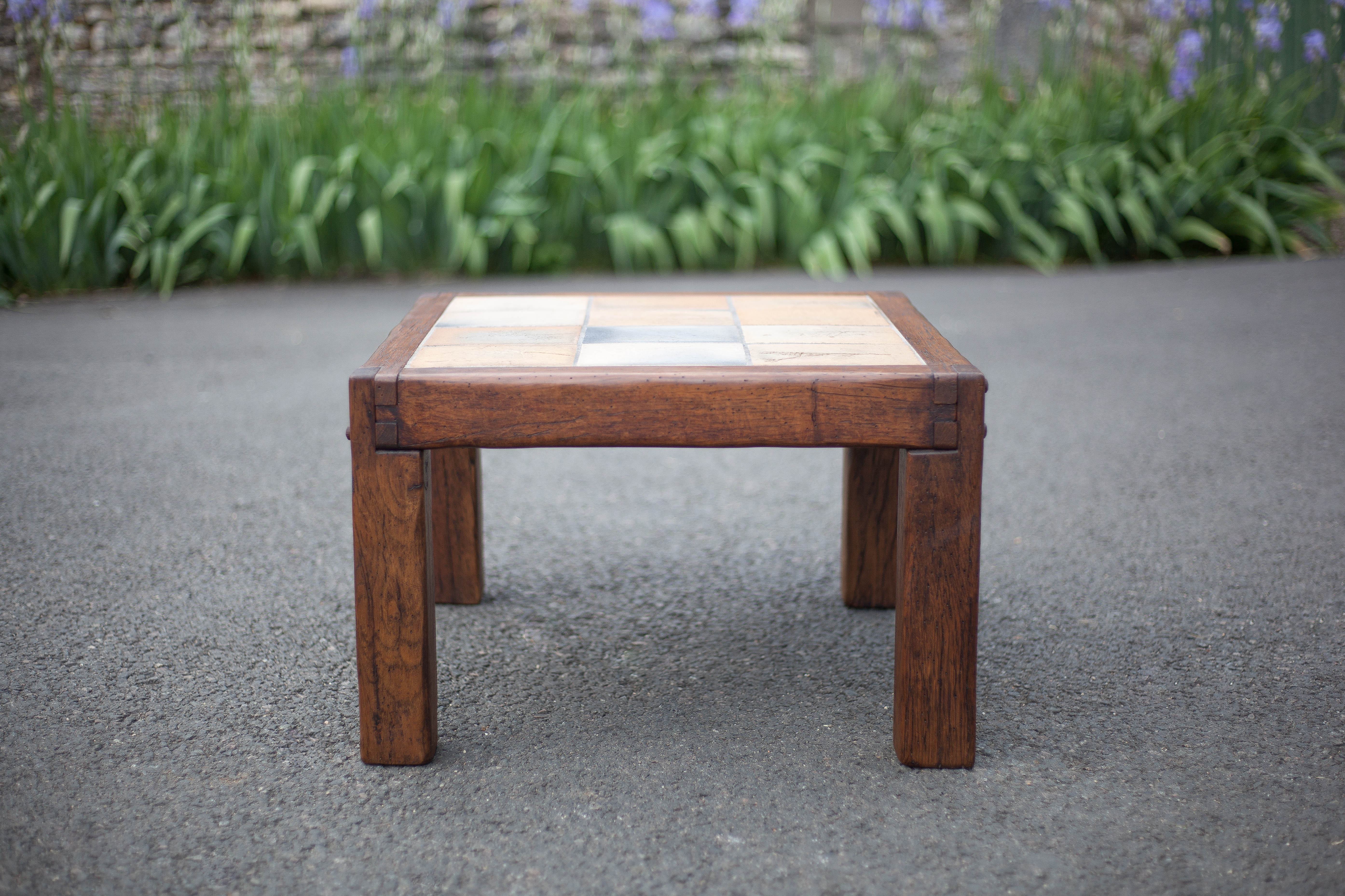 small ceramic coffee table herbarium feet wood, table signed R.capron