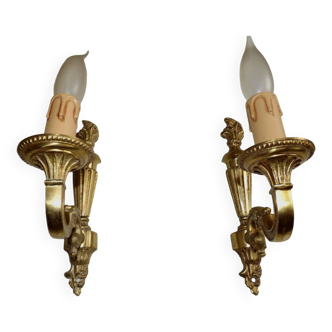 Pair French Vintage Bronze Empire Style Single Wall Lights Flame Detail 4742