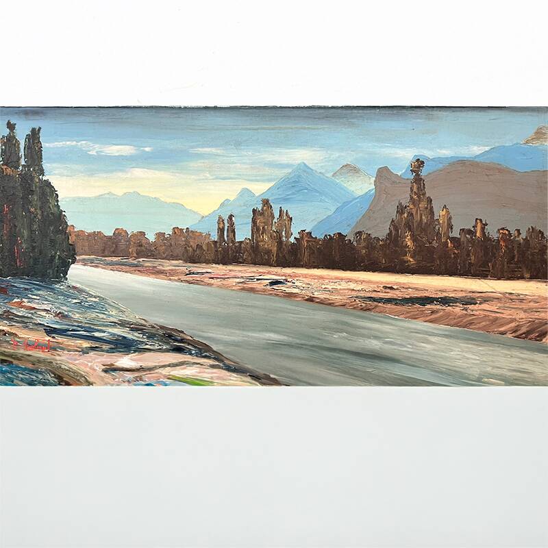 Painting “River in the Alps”, Oil on cardboard.