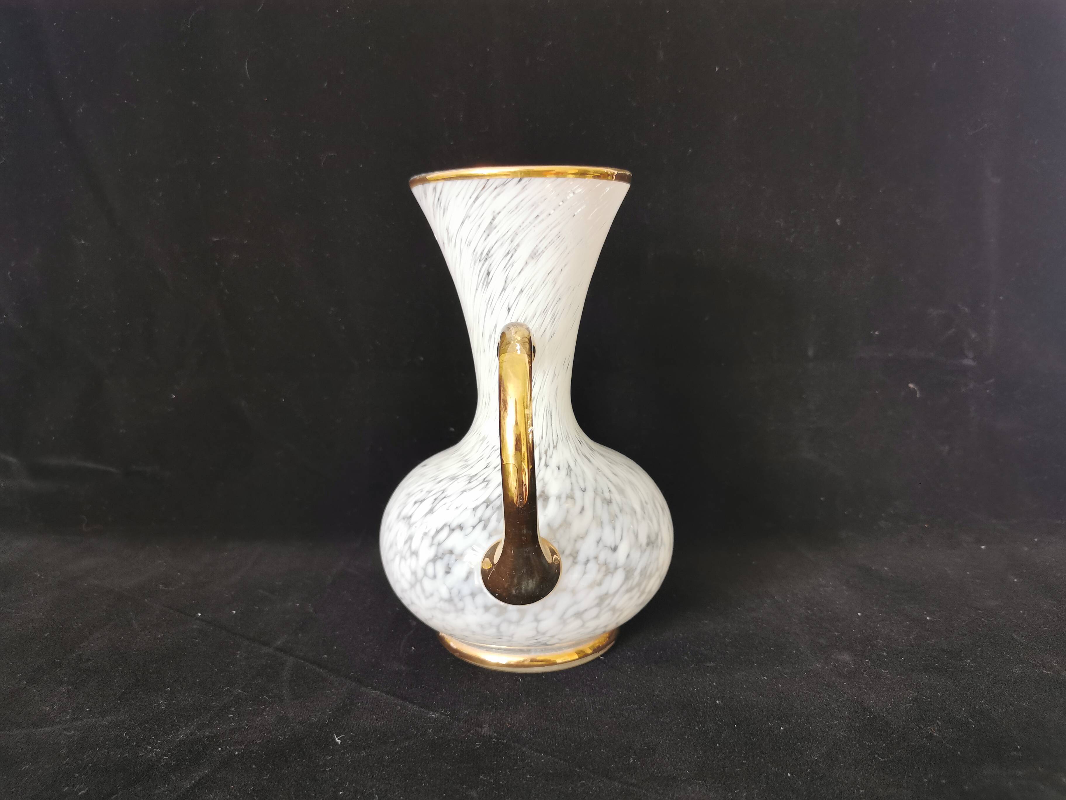 white and gold Clichy glass vase