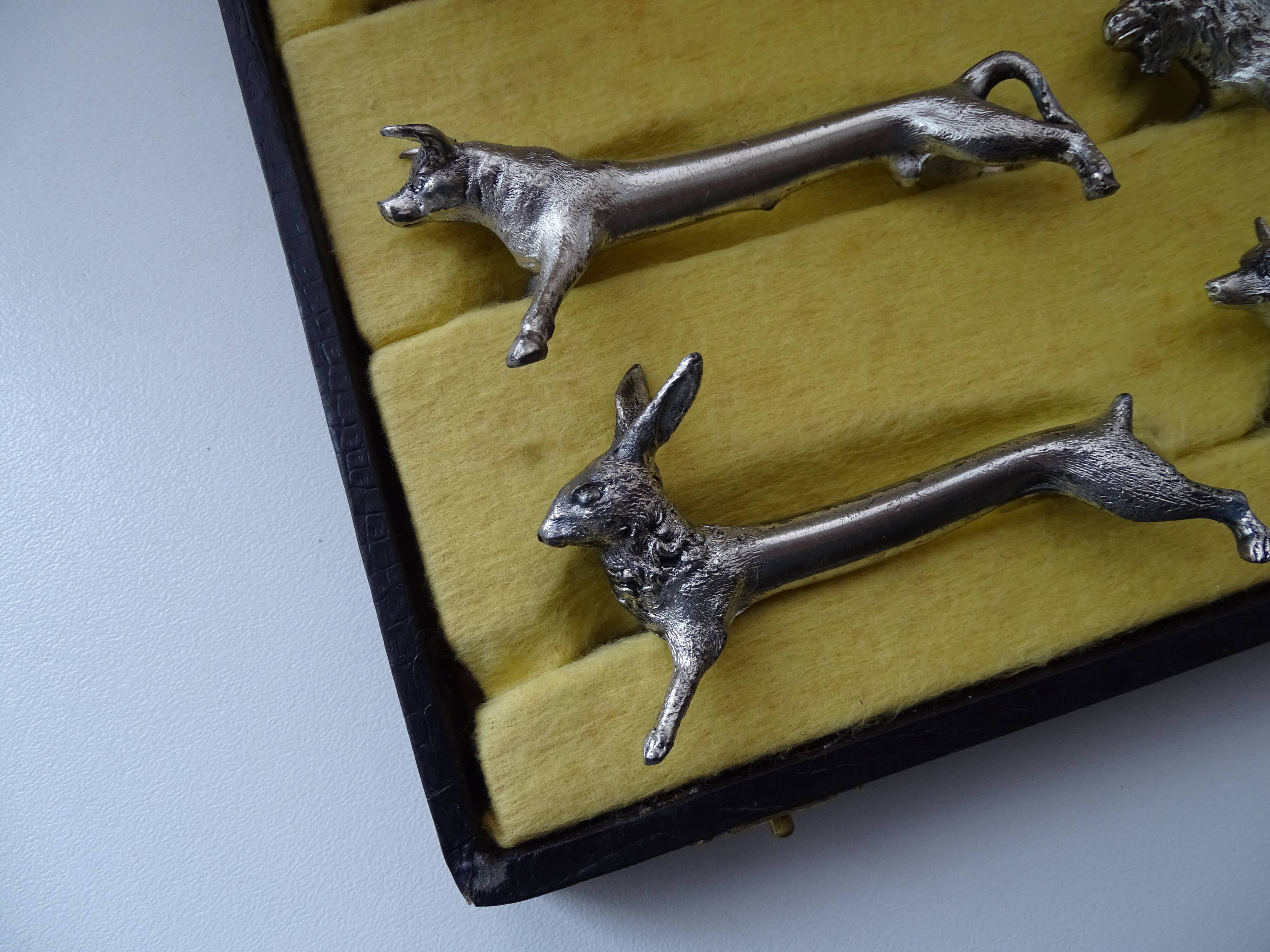 12 animal knife holders Art Deco antique silver metal in case
