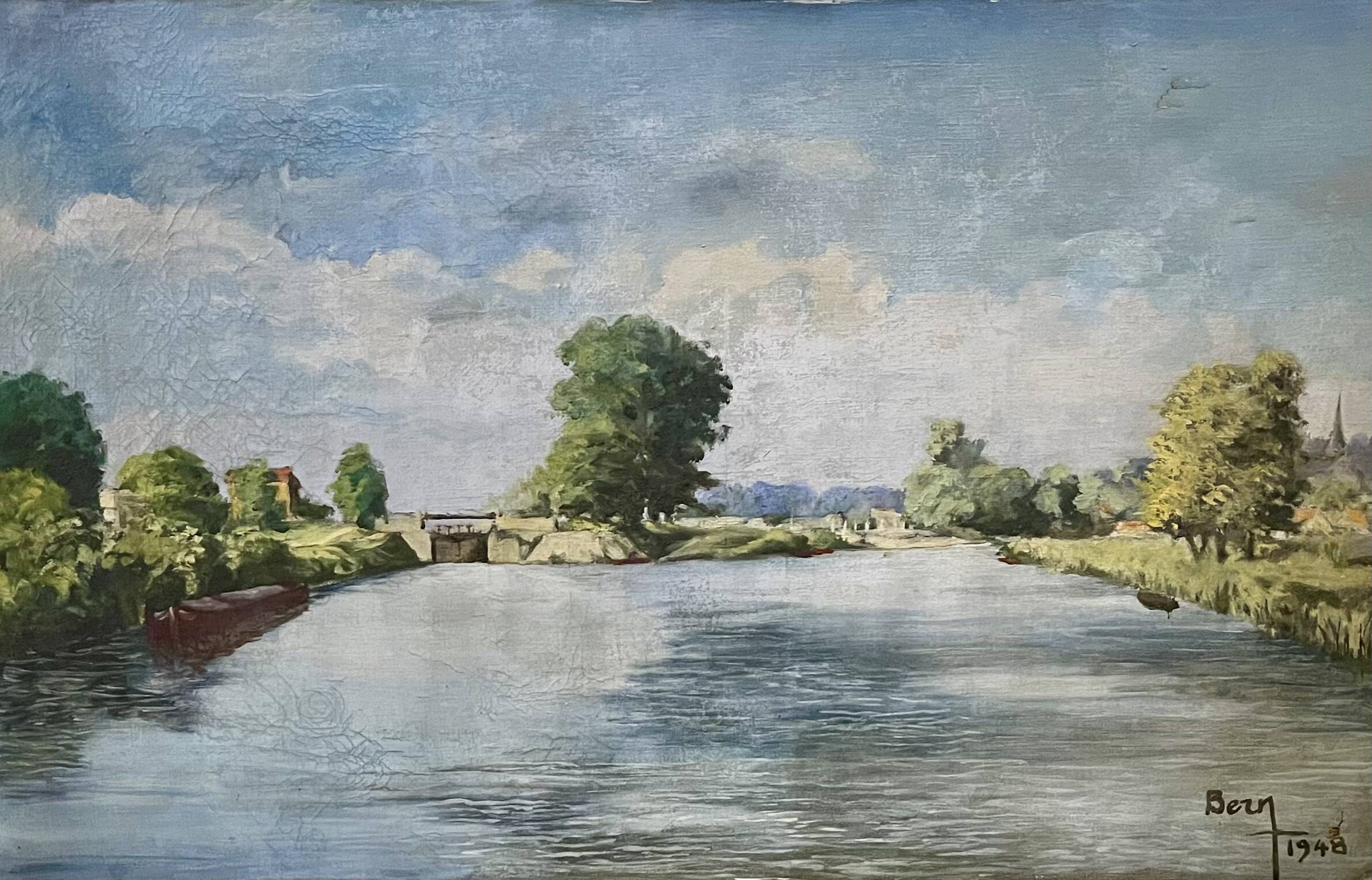 Painting of the lock and the beach of Neuilly Sur Marne signed by Bern 1948