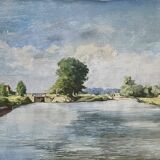 Painting of the lock and the beach of Neuilly Sur Marne signed by Bern 1948