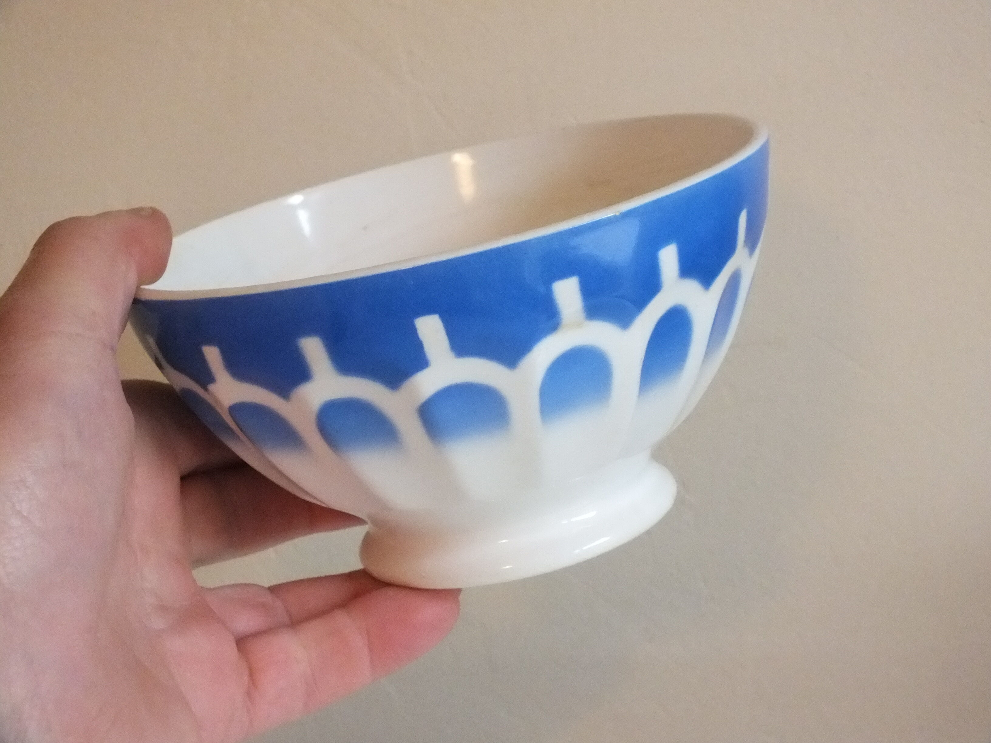 Vintage blue ribbed bowl on pedestal