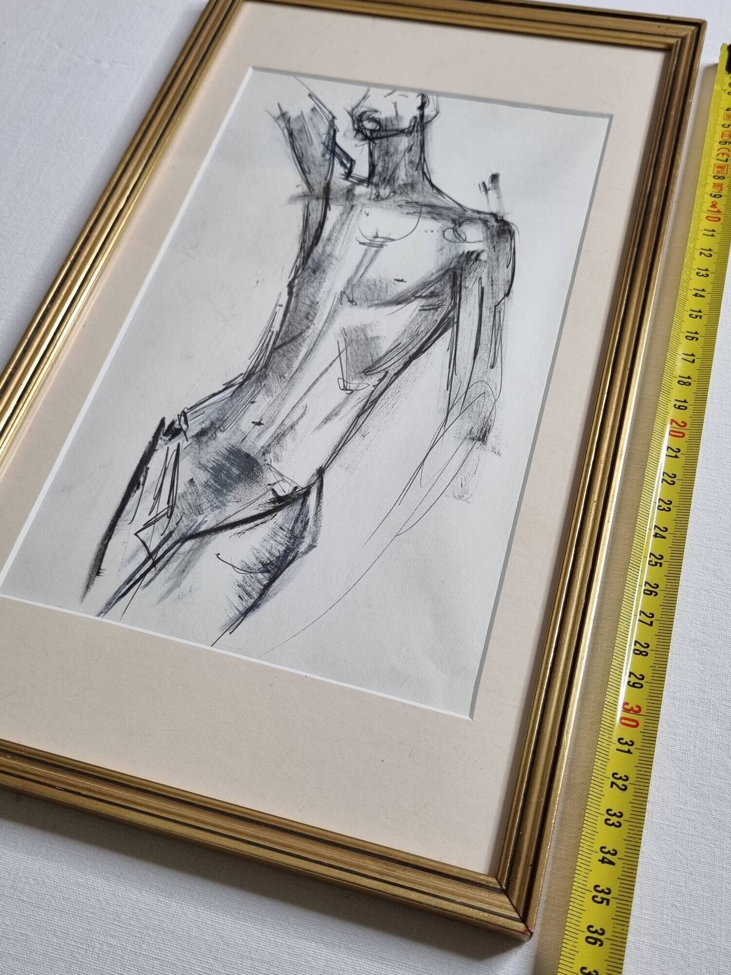 Charcoal study of a male nude, attributed to Maurice de Bus, gilded frame, 21 x 36 cm