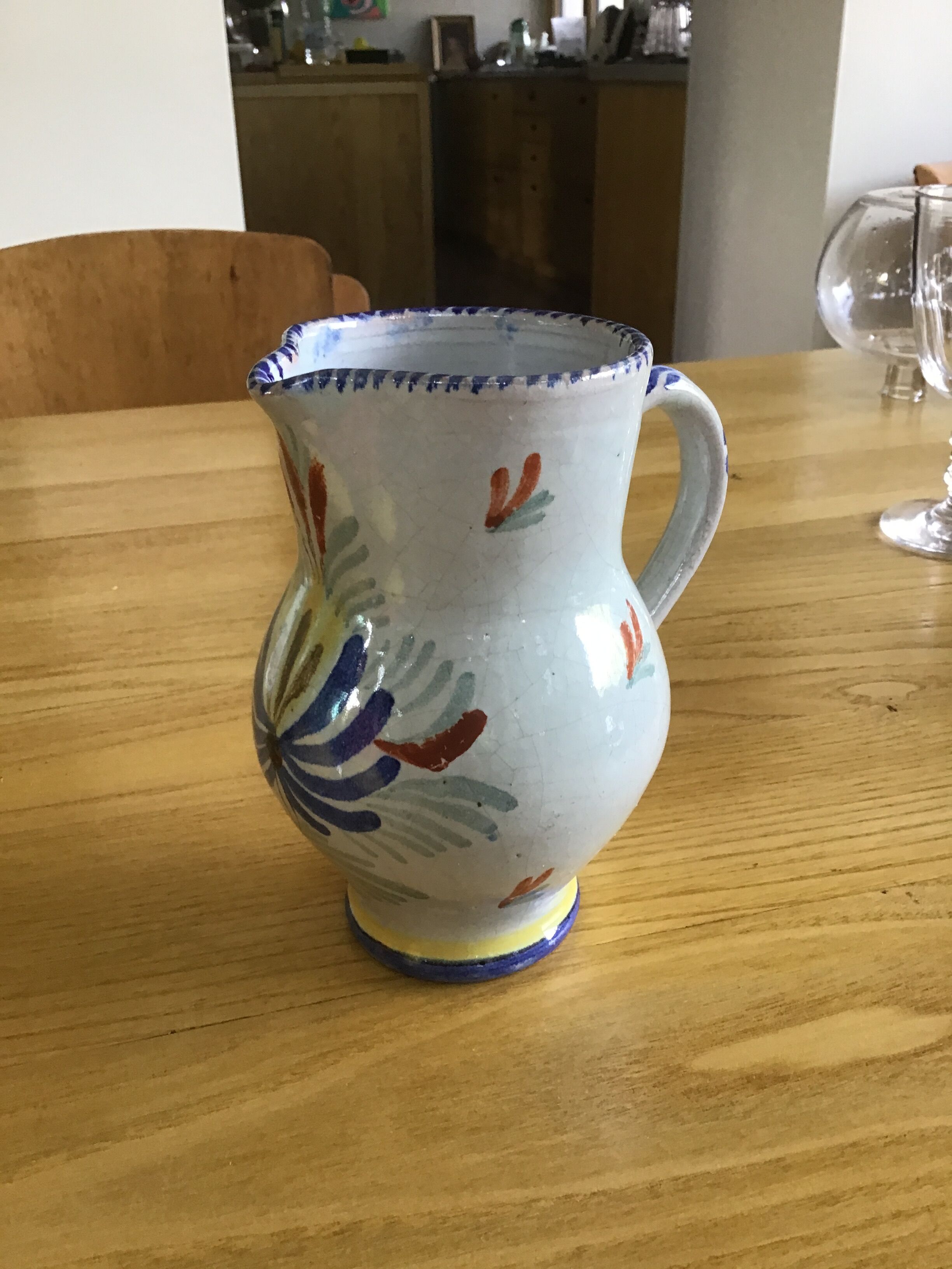 Earthenware pitcher with blue decor