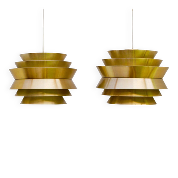 Brass-coloured metal pendant Trava lamps by Carl Thore, Sweden from Granhaga Metallindustri, 1960s, set of 2