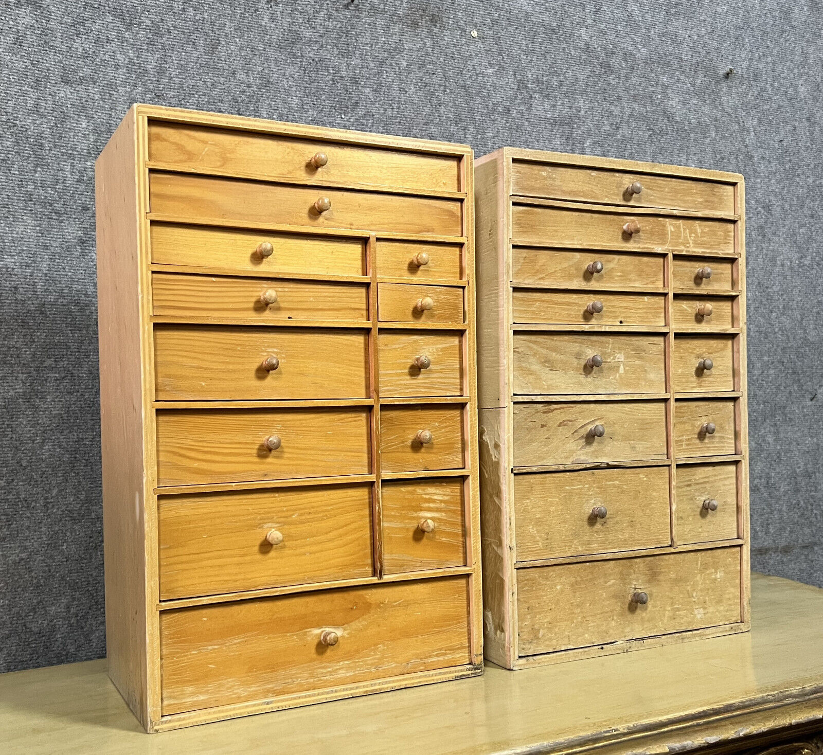 Pair of watchmaker's layettes in natural wood circa 1880-1900