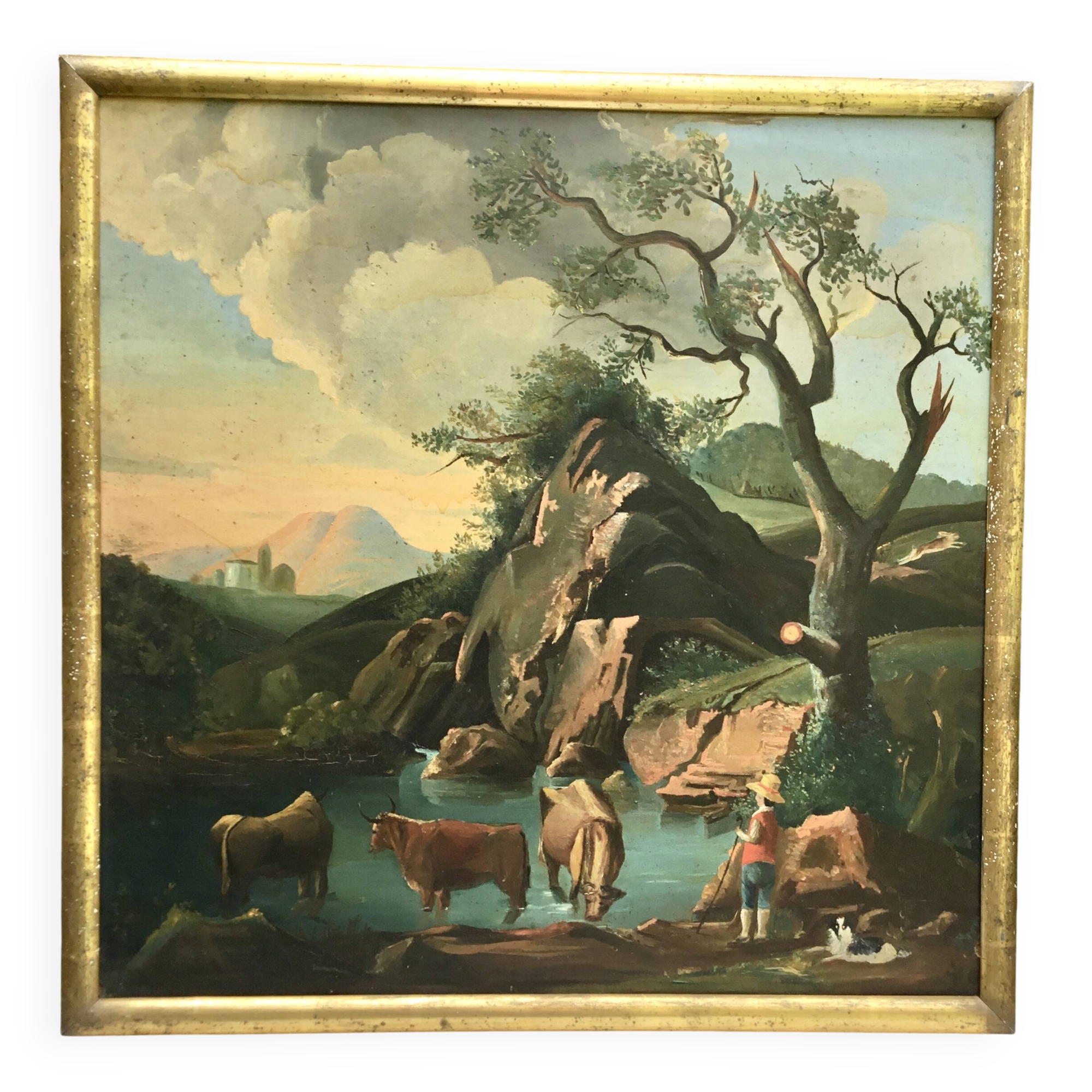 French school of the 18th century. Landscape with cows, oil on canvas.