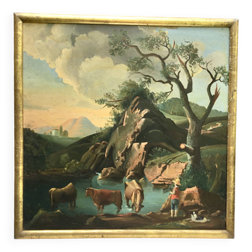 French school of the 18th century. Landscape with cows, oil on canvas.