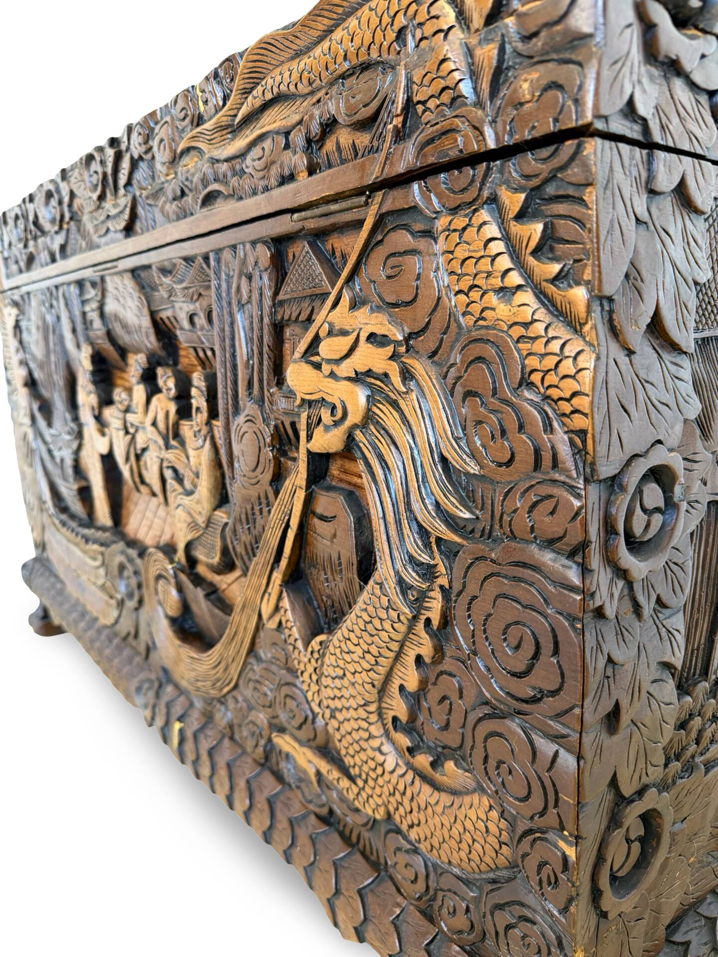 Antique Chinese Carved Export Chest – Dragon, Phoenix & Landscape Deco