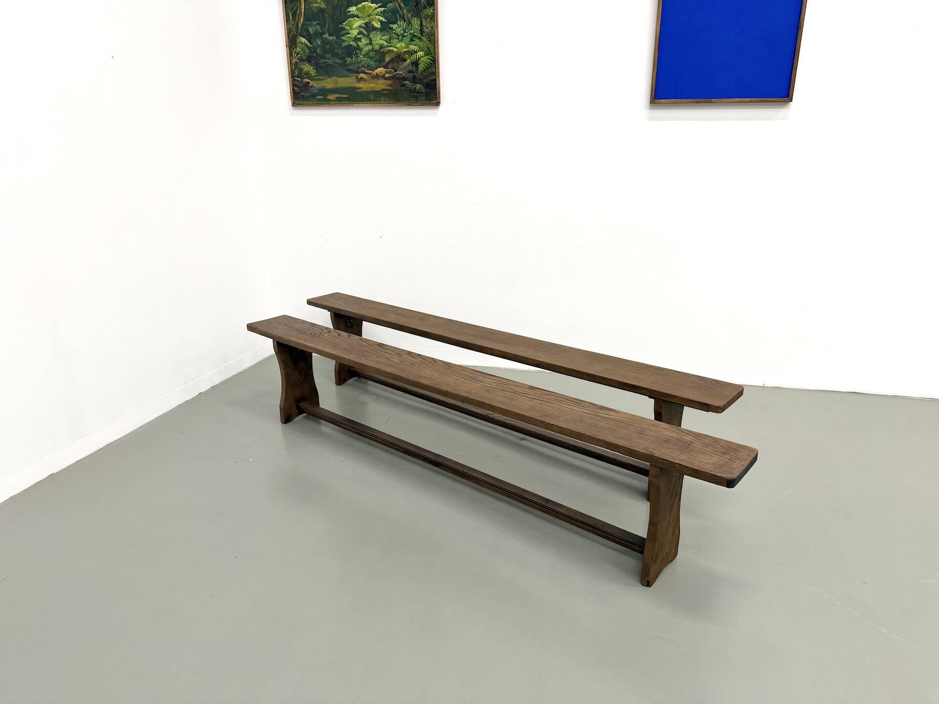 Pair of solid oak benches, winged legs, France, 1970s