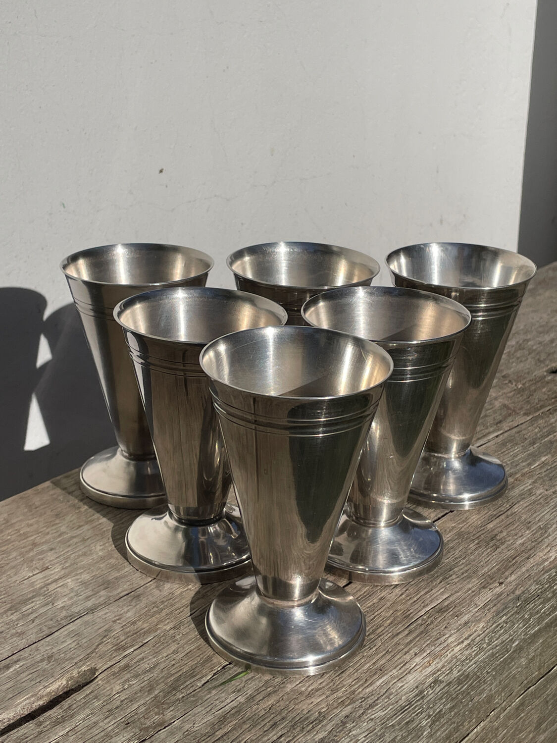 6 conical silver-plated metal bowls with hallmarks / Art Deco stemmed glasses