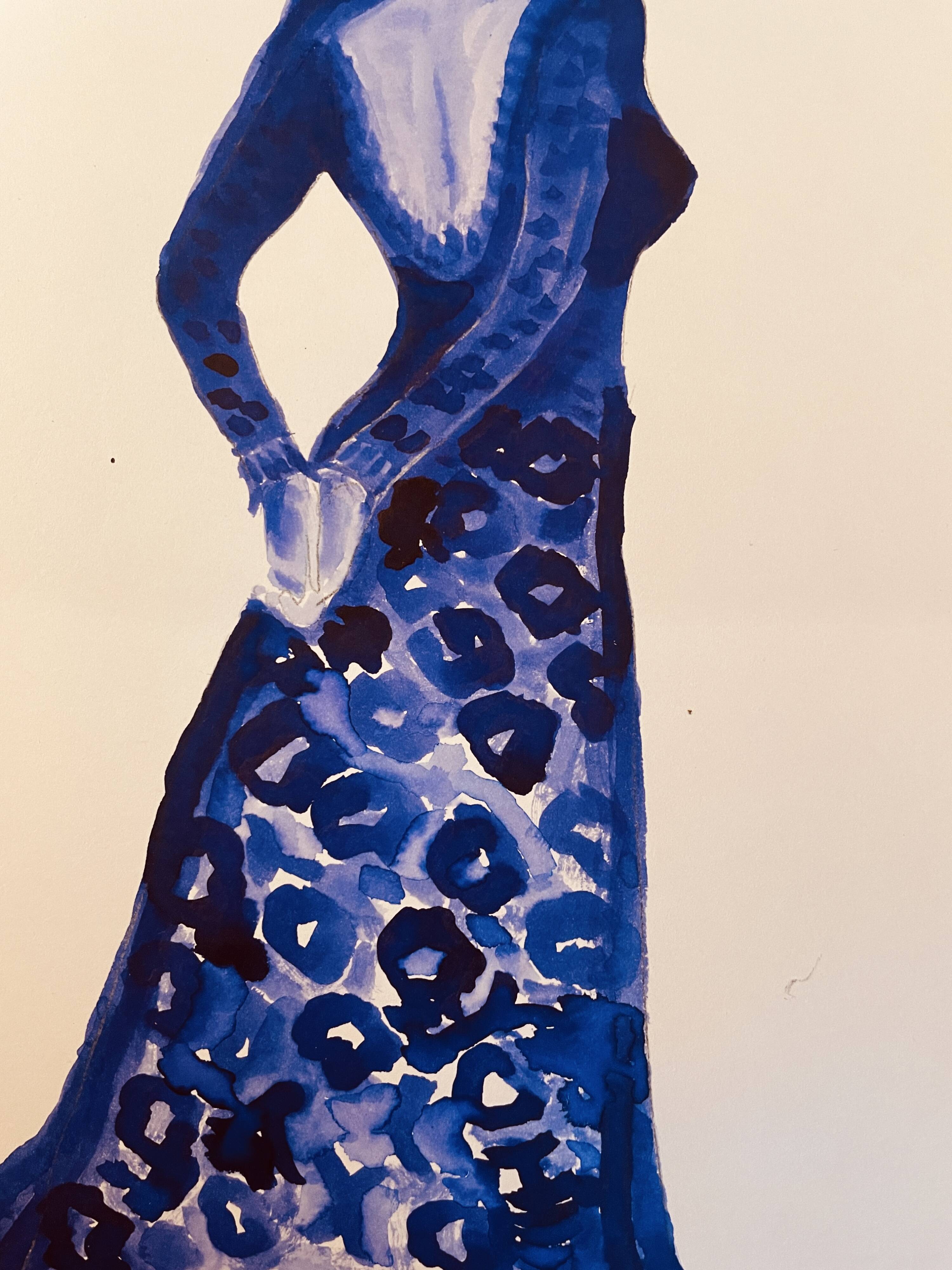 Monochrome indigo watercolour portrait of a woman "the indigo dress"
