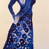 Monochrome indigo watercolour portrait of a woman "the indigo dress"