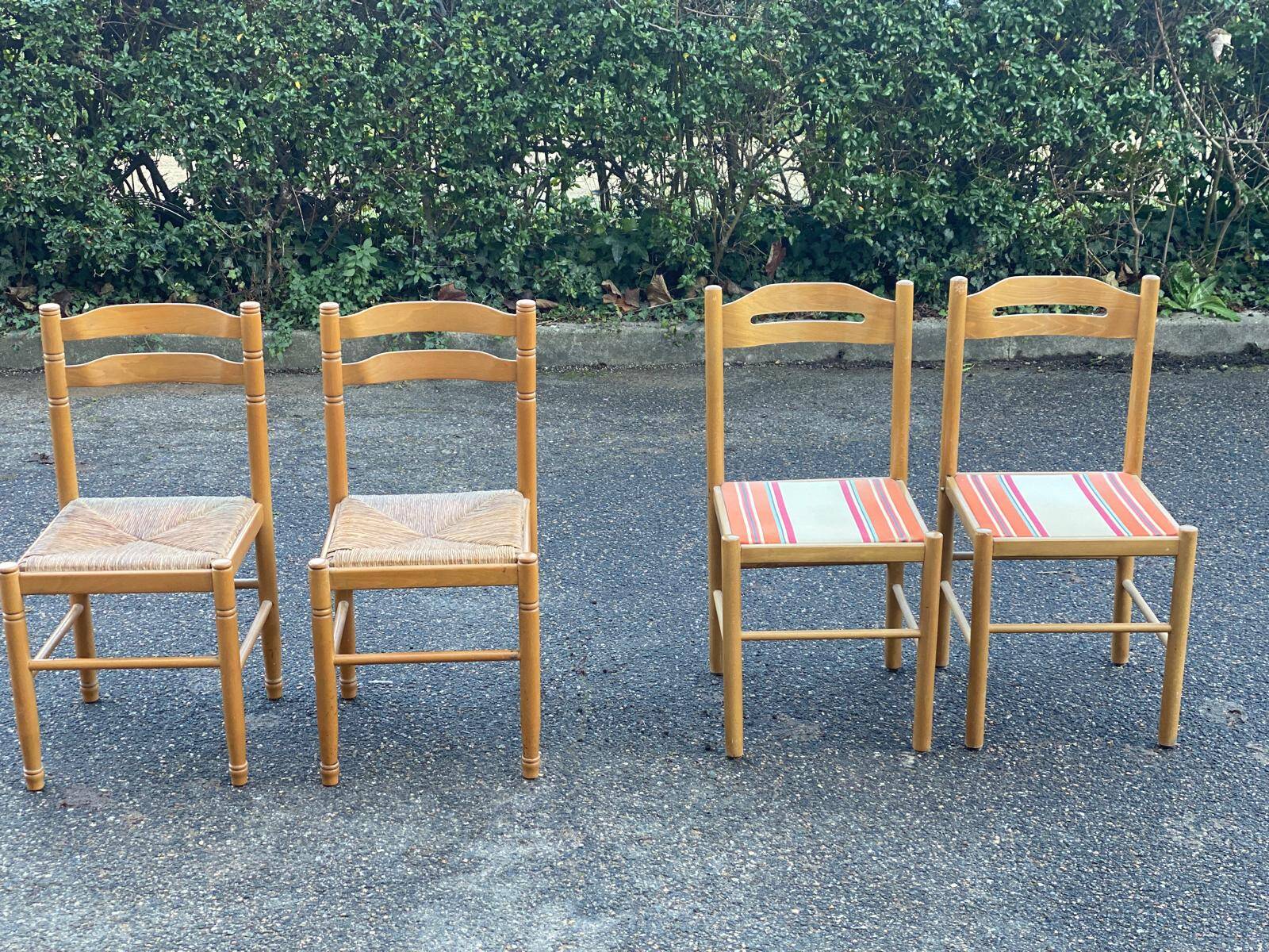 4 solid wood chairs with straw and fabric
