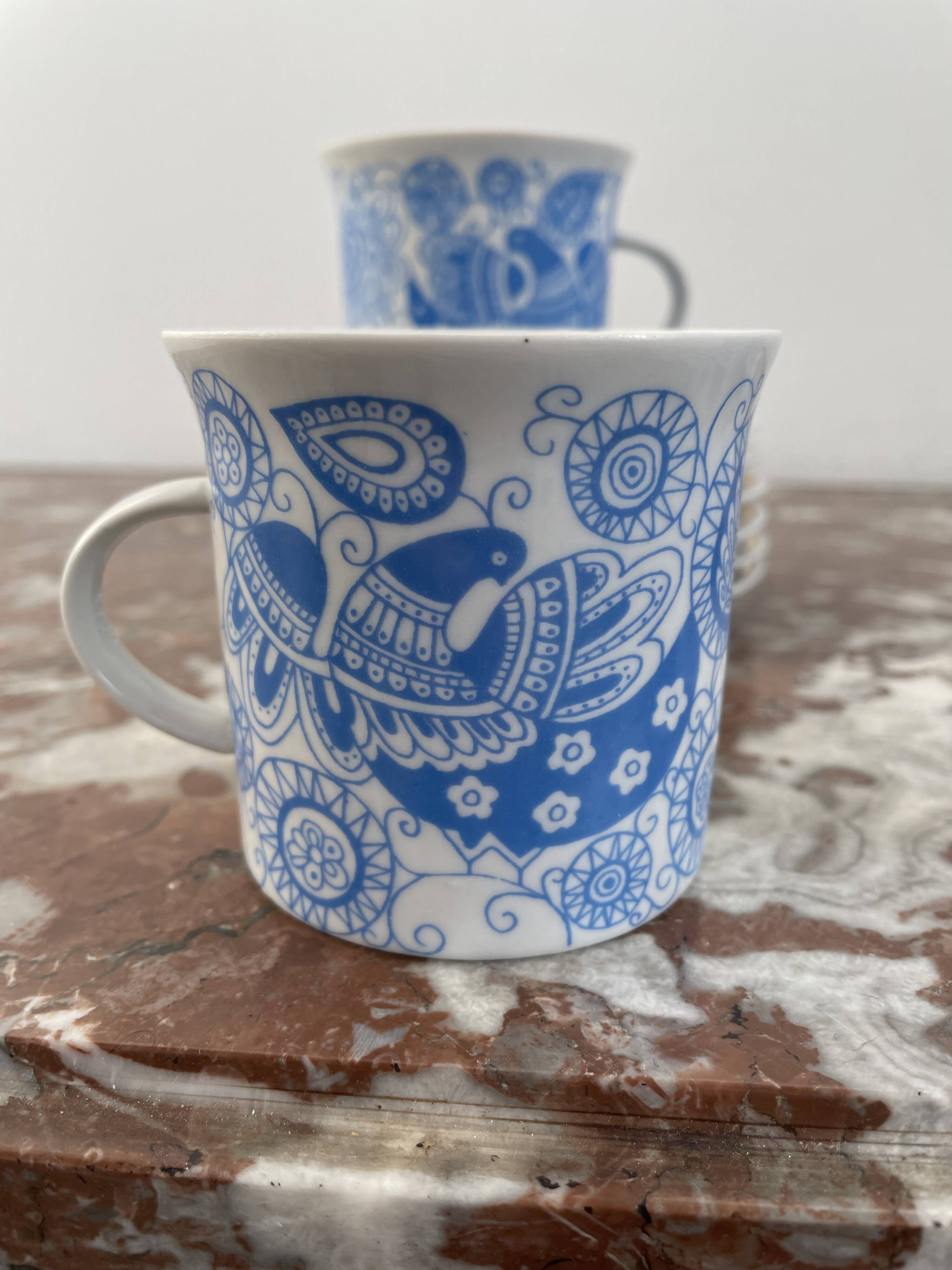 Coffee and tea set, vintage, stylized bird decor, retro, design, blue