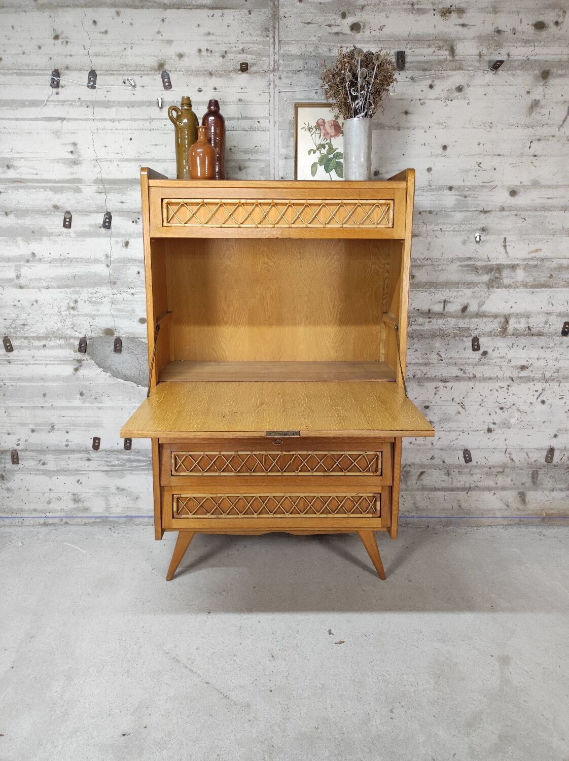Vintage wood and rattan secretary