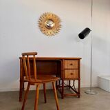 Old large golden sun mirror with rounded witch's eye in vintage resin from the 70s