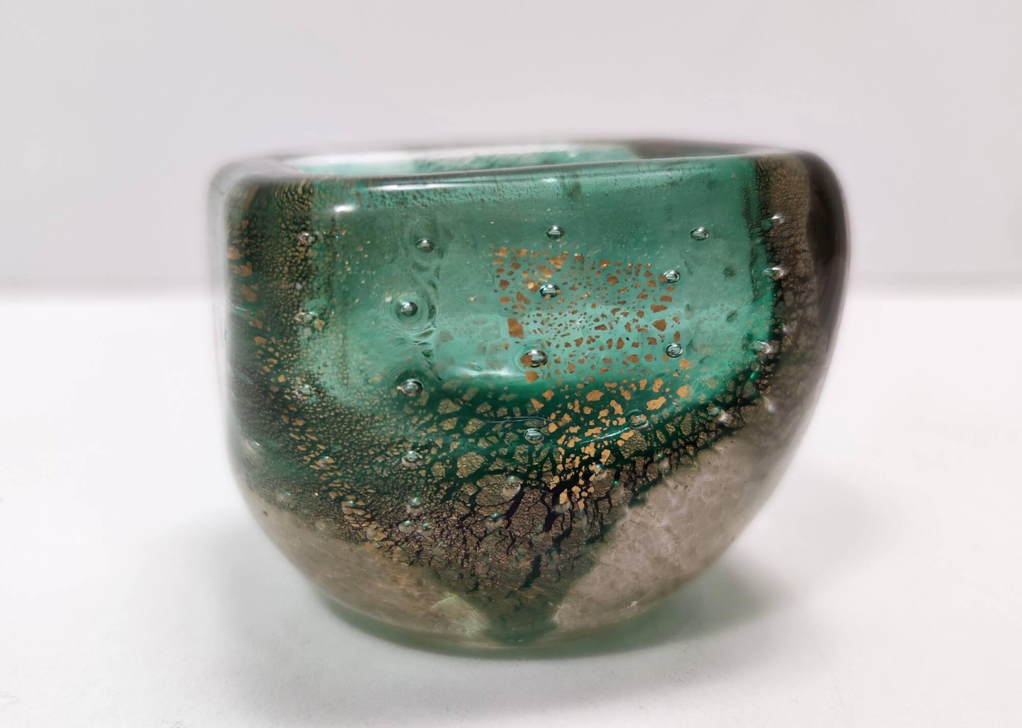 Green Gold Flecked Sommerso Glass Bonbonnière / Trinket Bowl by Venini, Ita