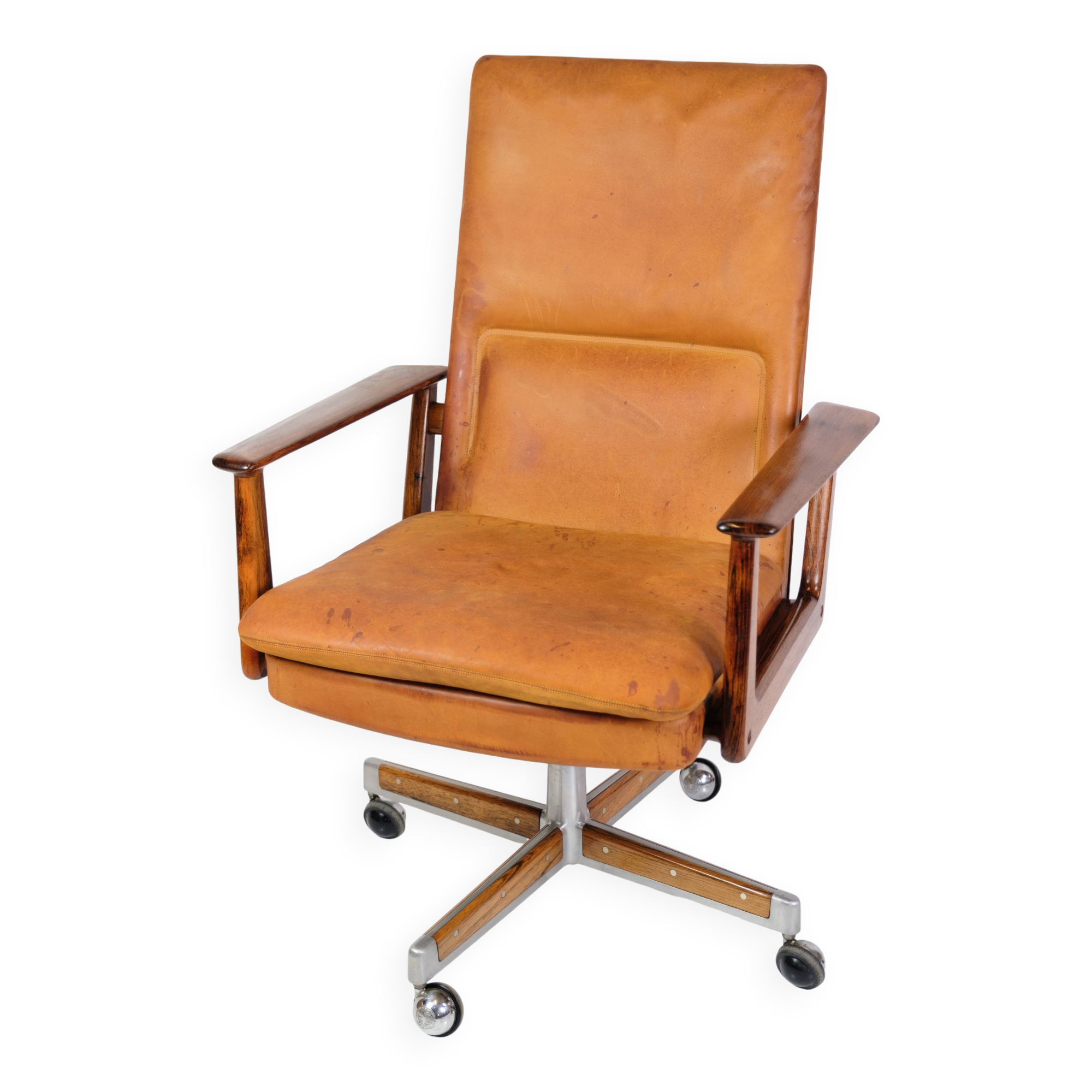 Office Chair Model 419 Made In Rosewood With Cognac Leather Seat By Arne Vodder For Sibast from 1960