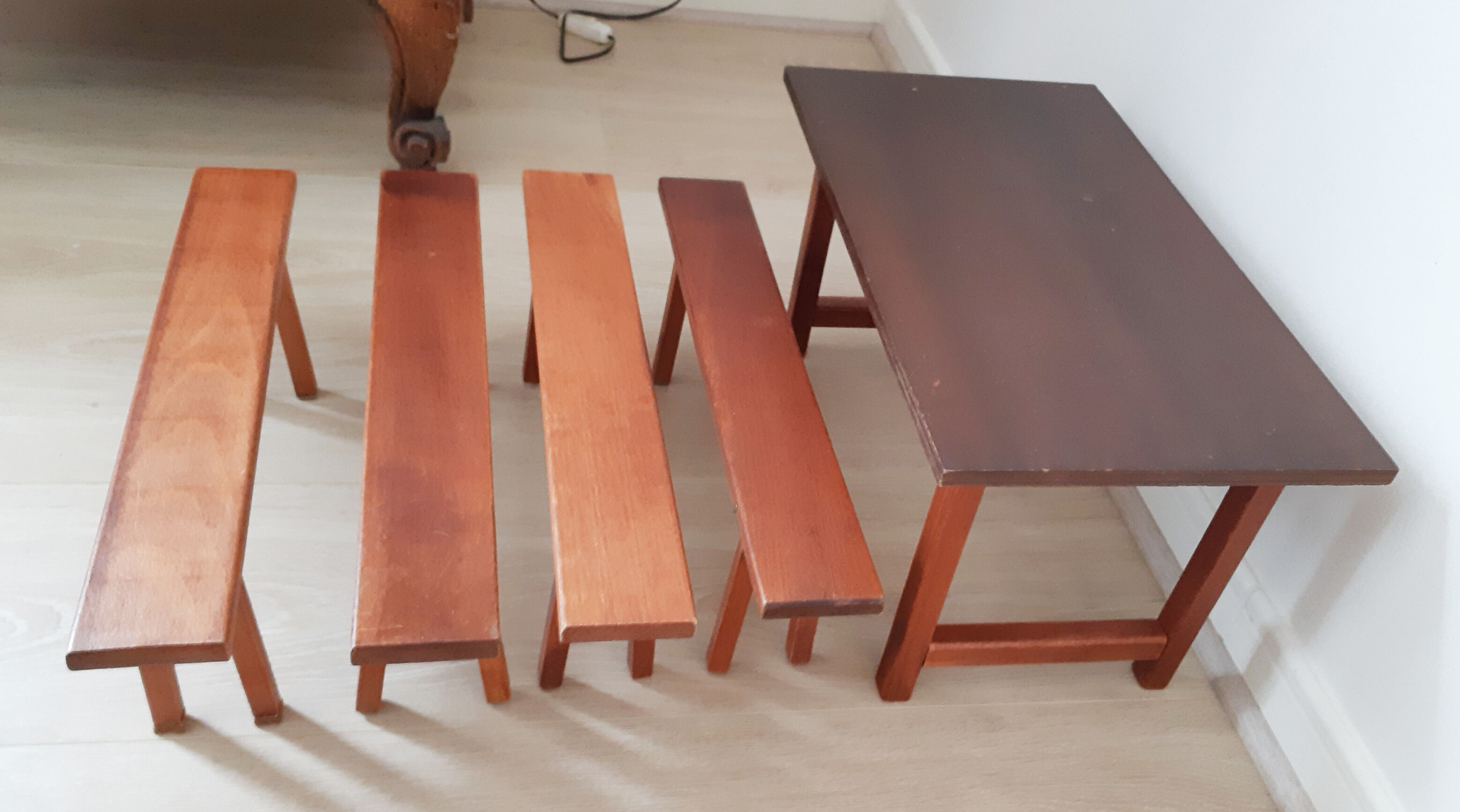 Vintage doll table and chairs, wooden, living room Dejou doll