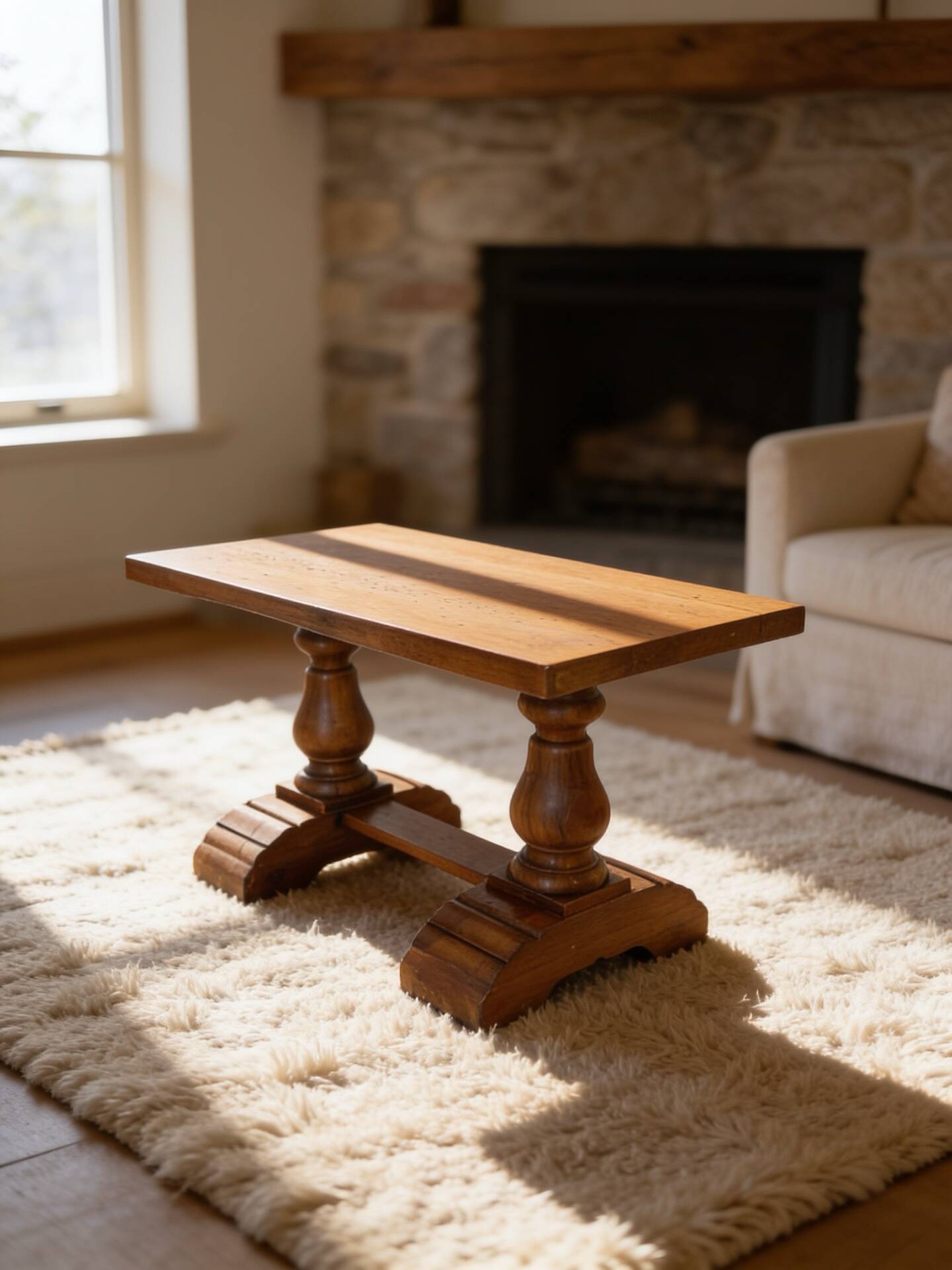 A small, rustic walnut wooden table, crafted from solid walnut wood, 1