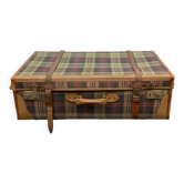 Ancienne grande valise en cuir et tissu écossais