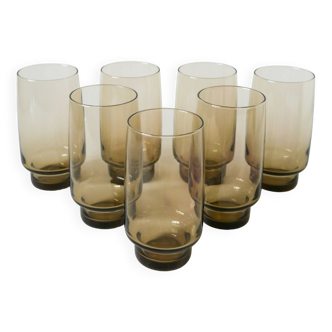 Lot de 7 verres Long Drink en verre fumé, Design, 1970