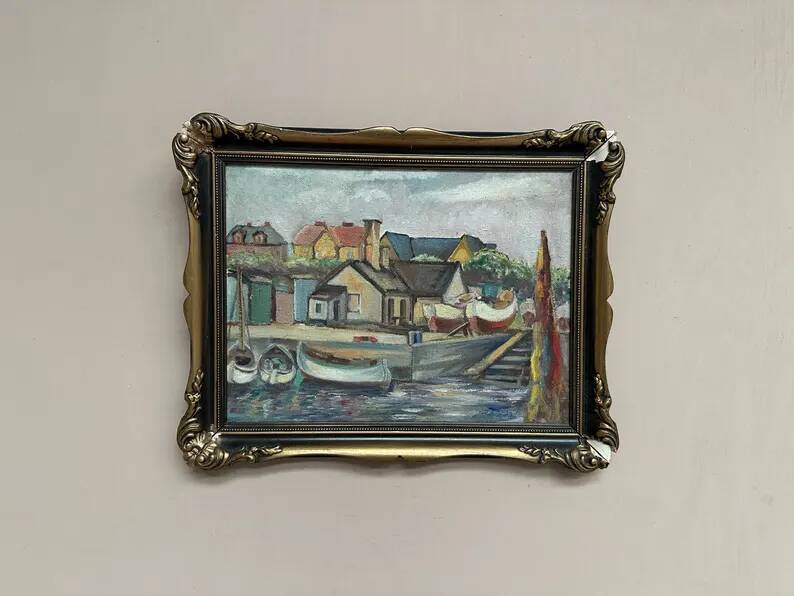 Original Swedish Oil on Panel – “Village and Harbour” by G. Fogler – Signed – Vintage & Framed – 49 × 39 cm (19.2" × 15.3")