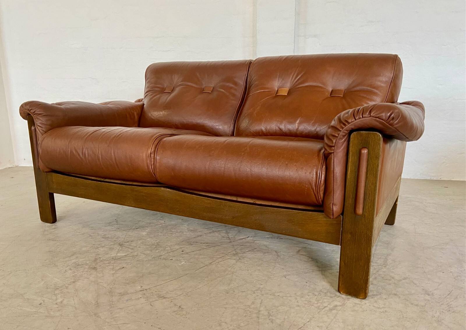 Vintage Danish mid-century cognac brown leather 2-seater Stouby 1970s