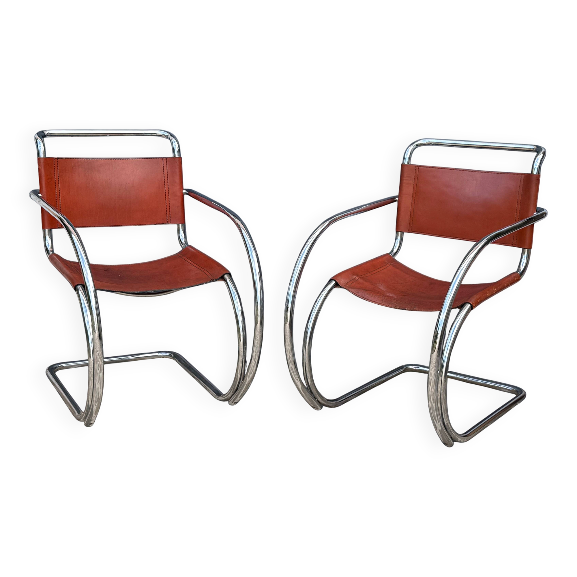 PAIR OF LEATHER AND CHROME ARMCHAIRS MR20 FROM THE 1970s MODEL BY MIES VAN DER