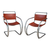 PAIR OF LEATHER AND CHROME ARMCHAIRS MR20 FROM THE 1970s MODEL BY MIES VAN DER