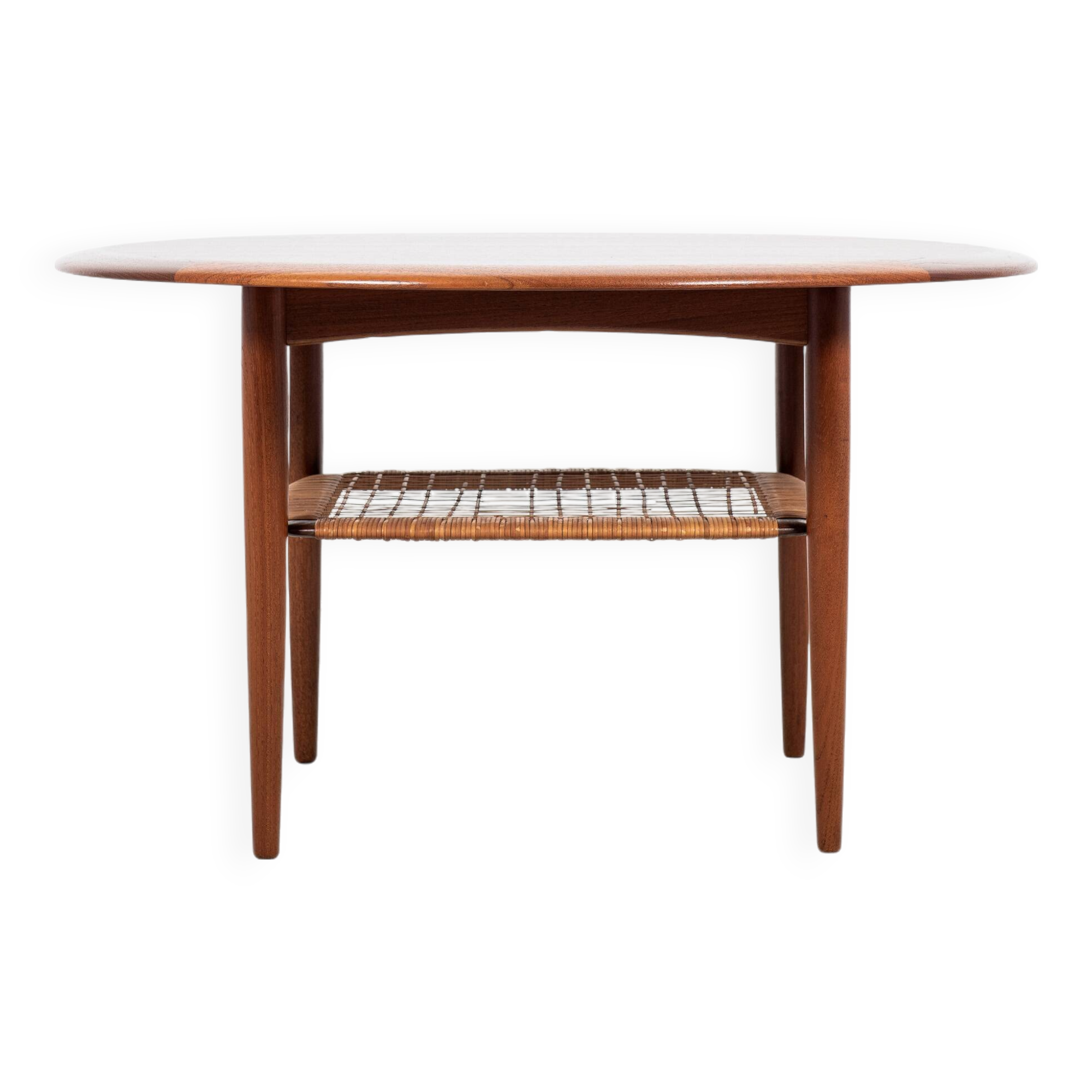 Midcentury Danish round coffee table in teak and cane by Johannes Andersen for Silkeborg 1960s