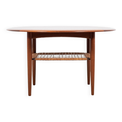 Table basse ronde danoise du milieu du siècle en teck et rotin par Johannes Andersen pour Silkeborg 1960