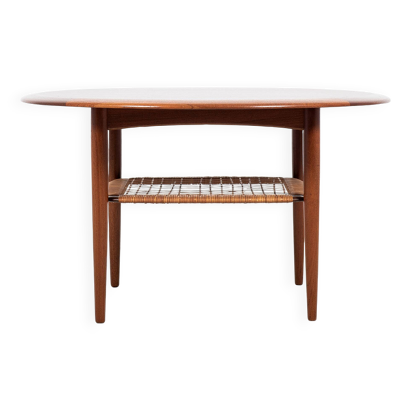 Table basse ronde danoise du milieu du siècle en teck et rotin par Johannes Andersen pour Silkeborg 1960