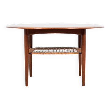 Midcentury Danish round coffee table in teak and cane by Johannes Andersen for Silkeborg 1960s