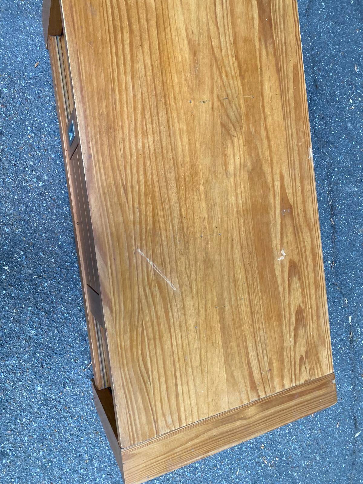Solid wood coffee table with sliding door, stained pine, 120x60cm.