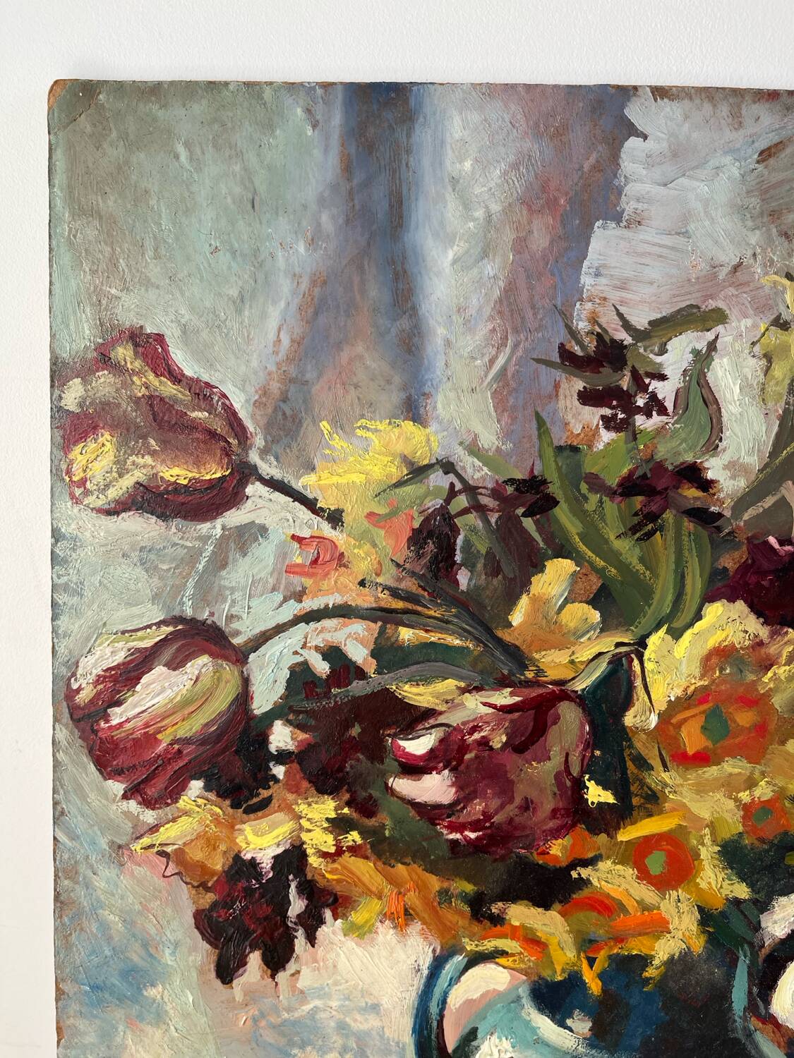 Bouquet of flowers on a red tablecloth, knife on a board, signed Renzo.